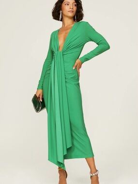 Solace London Emerald Green Long-Sleeve Twist-Front Midi Dress